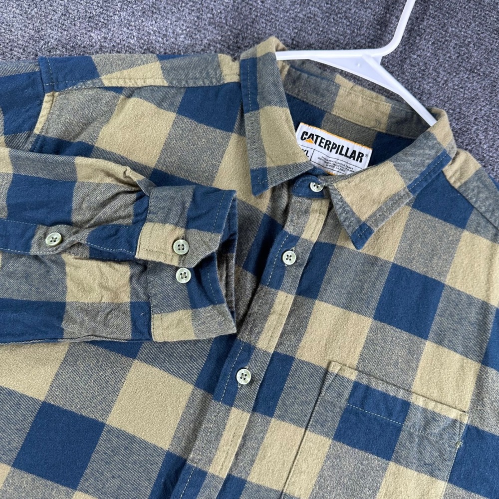 Caterpillar Flannel‎ Shirt Mens 2XL XXL Blue Tan Plaid Buffalo Check Long Sleeve